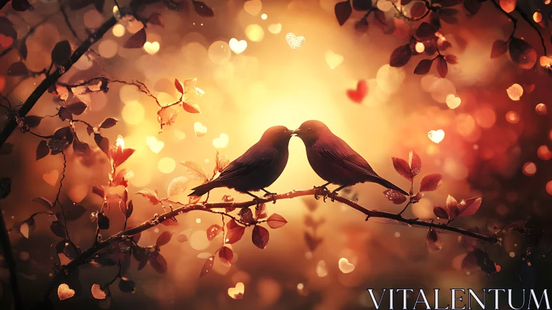 Two Birds on Branch with Golden Bokeh and Heart Lights.