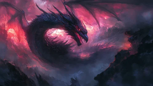 Winged dragon form in red storm cloud environment at dusk.