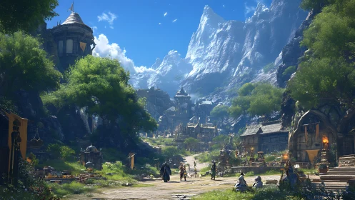 Epic fantasy mountain cityscape rendered in luminous digital detail