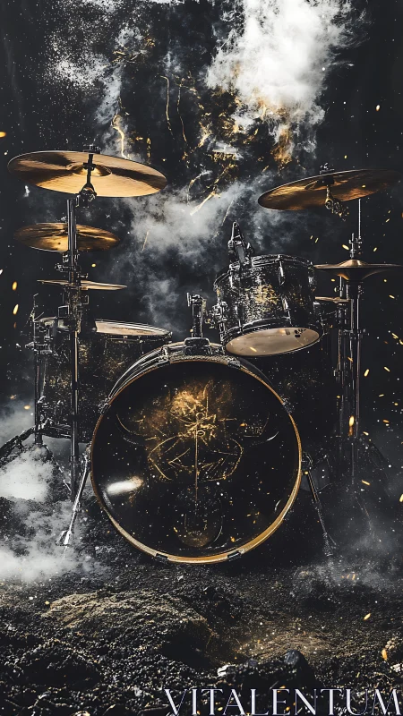 Explosive drum kit on smoky stage with molten sparks.