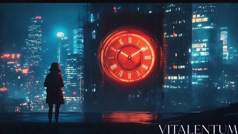 Solitary figure facing giant red clock in neon cityscape.