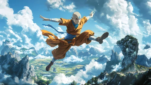 Sky-leaping monk slicing clouds above jade valleys.