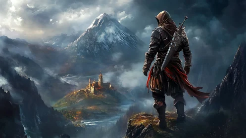 Lone hooded adventurer calmly surveys a misty mountain kingdom