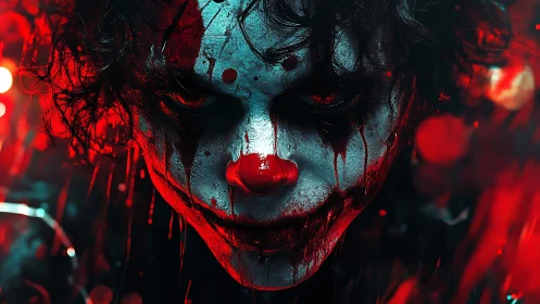 Bloodlit clown visage leans from the dark with feral focus