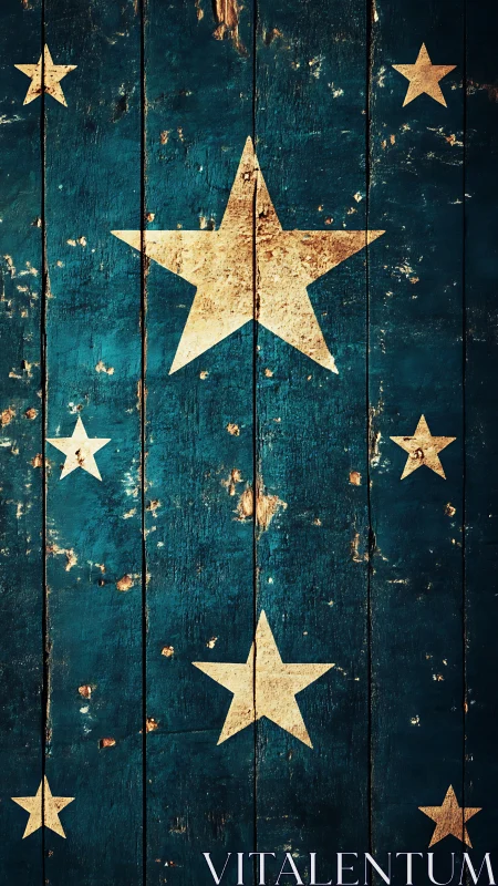 Aged golden stars aligned on distressed teal wooden planks
