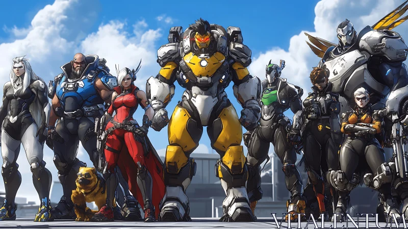 Lineup of armored sci‑fi characters stands on urban platform