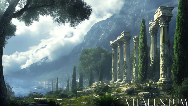Sunlit ancient columns beside a tranquil misty shoreline.