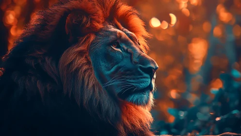 Cinematic digital painting of lion profile in bicolor light.