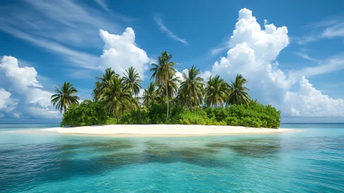 Tropical island with white sand beach surrounded by crystalline turquoise water.