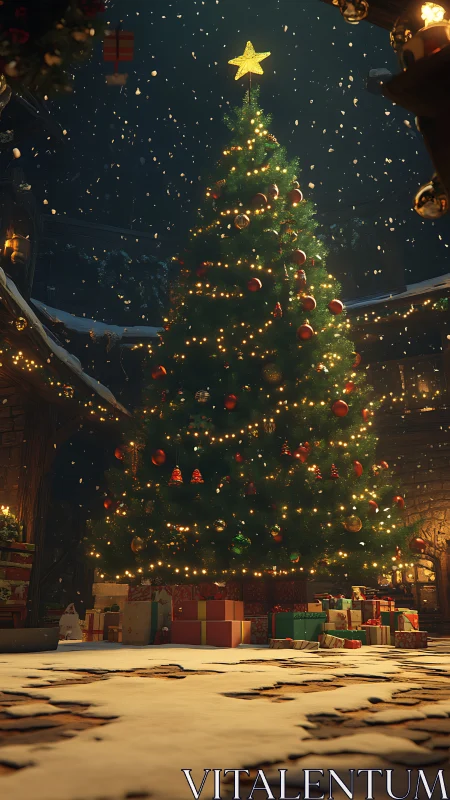 Vertically framed snowy courtyard scene centers illuminated Christmas tree