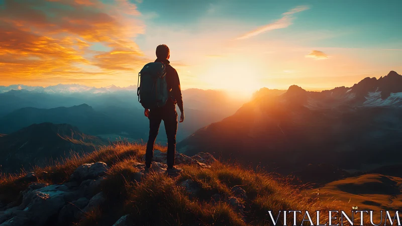 Backpacker silhouette overlooking vivid mountain sunrise.