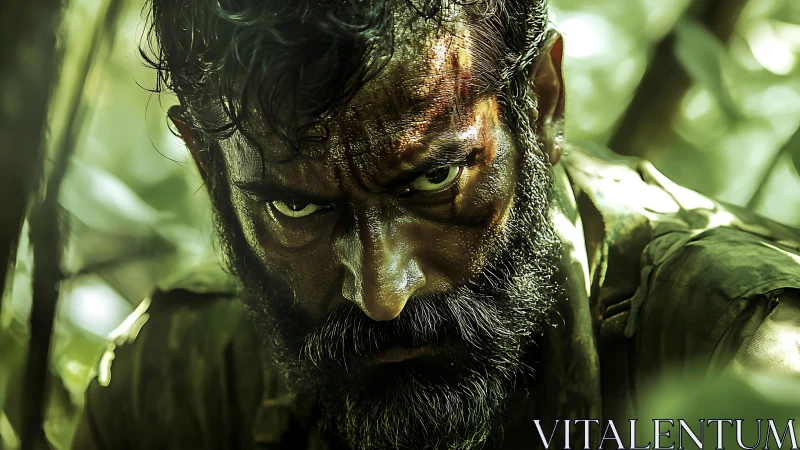 Intense soldier portrait under harsh jungle light.