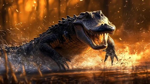 Aggressive crocodilian surge through backlit swamp shallows