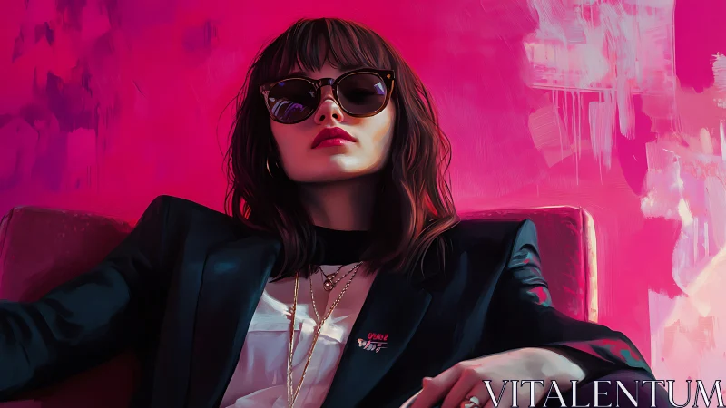 Stylized portrait of seated woman in blazer against neon pink field