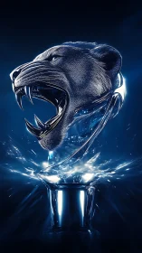 Chromed panther bust erupting from liquid splash in blue light