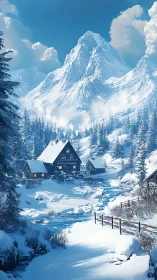 Alpine winter haven glows beside a glassy mountain stream.