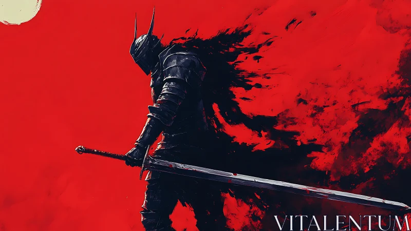 Lone dark knight strides through a storm of crimson shadow.