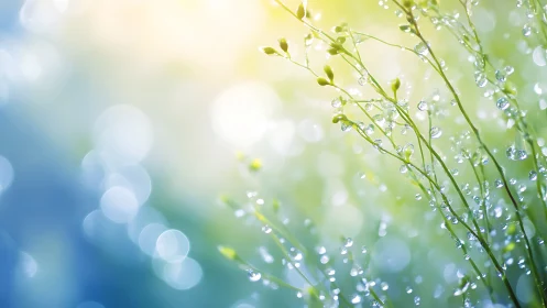Morning dewdrops on delicate grass in soft bokeh light.
