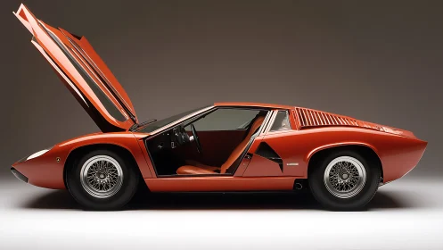 Side-profile studio rendering shows classic supercar with scissor door