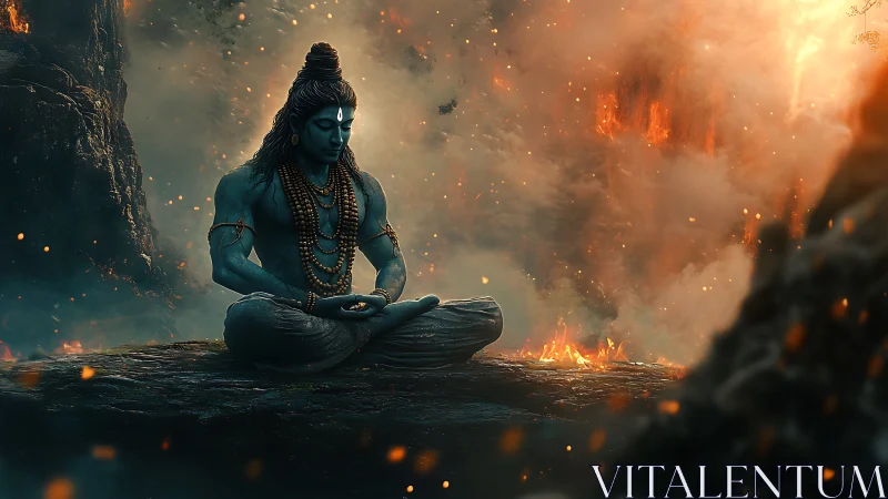 Blue meditative deity sits above molten volcanic firestorm.