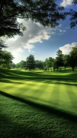 Sunlit golf course fairway extends beneath scattered clouds