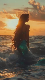 Sunlit mermaid tail glows against storm-warm ocean horizon.