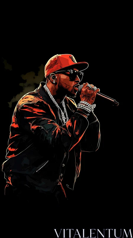 Vector-stylized hip-hop vocalist in high-contrast stage lighting