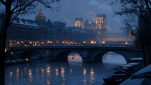 Nocturnal winter riverfront with illuminated cathedral skyline.