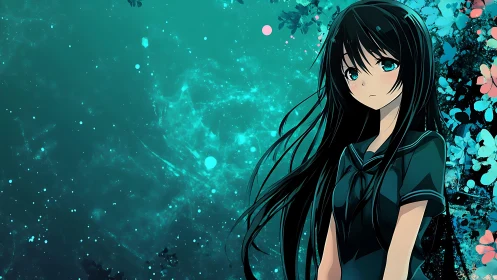 Pensive anime girl against teal abstract floral background.