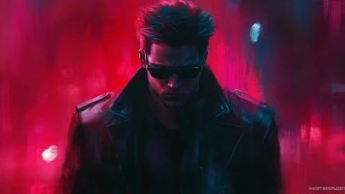 Brooding figure in neon light walks through a glowing night.