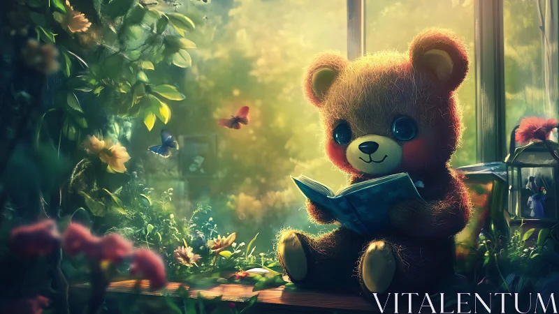 Teddy bear reading in sunlit garden with butterflies around