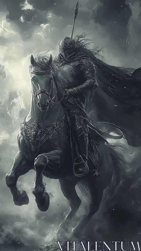 Armored dark knight on rearing warhorse in storm-torn mist