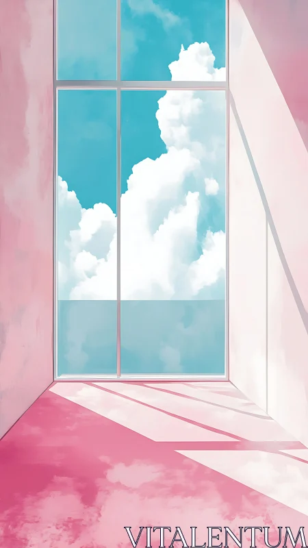Sunlit pastel room framing towering cotton clouds outside.