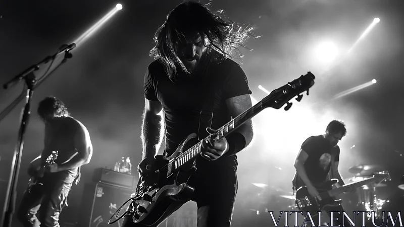 Photorealistic monochrome rock band performance in backlit haze.