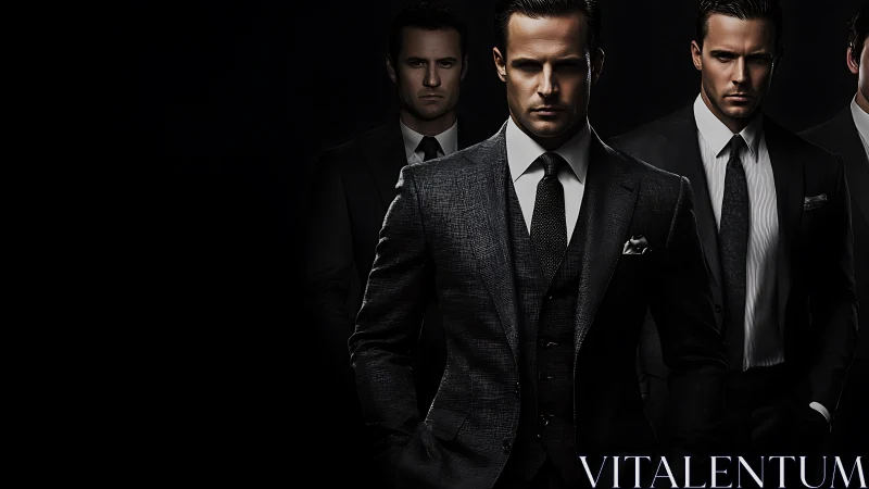 Sharp-suited businessmen stand in dramatic low-key lighting.