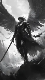 Monochrome winged knight in ornate plate armor surveys shattered sky