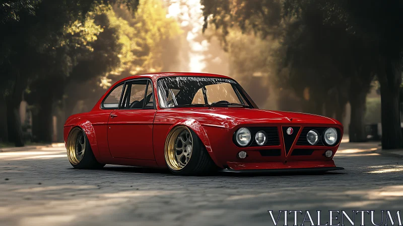 Low-slung red classic coupe under cinematic backlit trees.