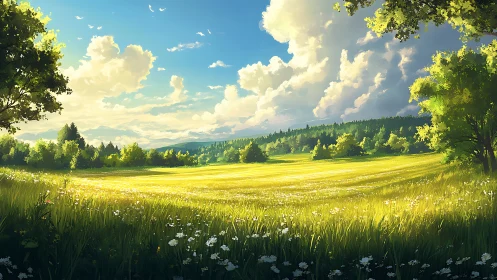 Sunlit summer meadow under expansive cloud-filled sky.