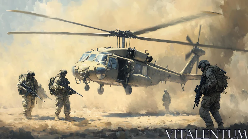 Tactical helicopter insertion in desert brownout with armed squad