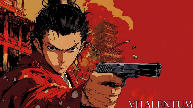 Samurai figure with handgun before red pagoda backdrop.