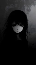 Monochrome anime portrait of girl in dark negative space.