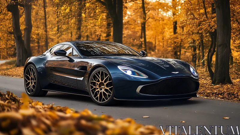 Midnight blue sports car cruising through golden autumn woods.