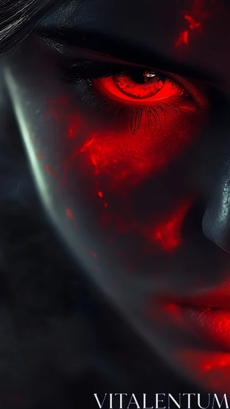 Close-up demonic eye rendered with high-contrast red subsurface glow