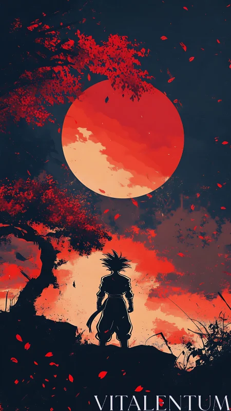 Silhouetted warrior under red moon and stylized autumn sky.