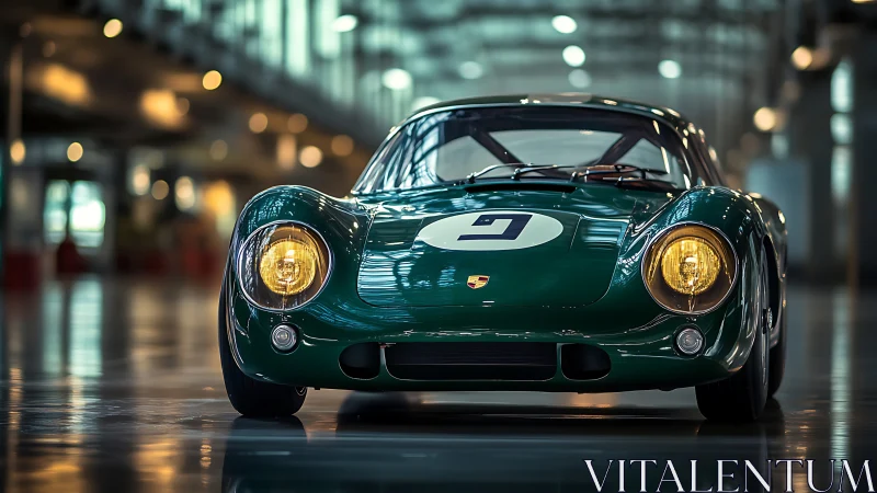 Green vintage race car in modern industrial hall.