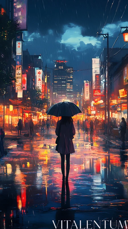 Silhouetted figure with umbrella on wet neon city street at night.