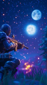 Tactical sniper crouches under dual moons with bokeh particle field