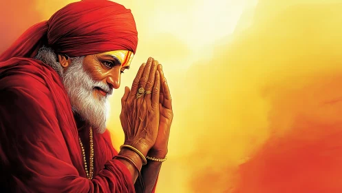 Elderly man in red robe holds folded hands against warm sky