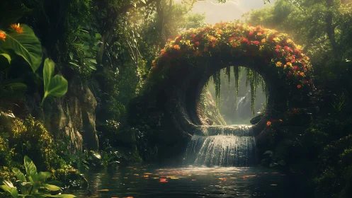 Circular stone arch waterfall in dense forest setting.