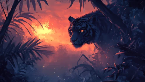 Digital painting of stalking tiger in neon dusk jungle light.